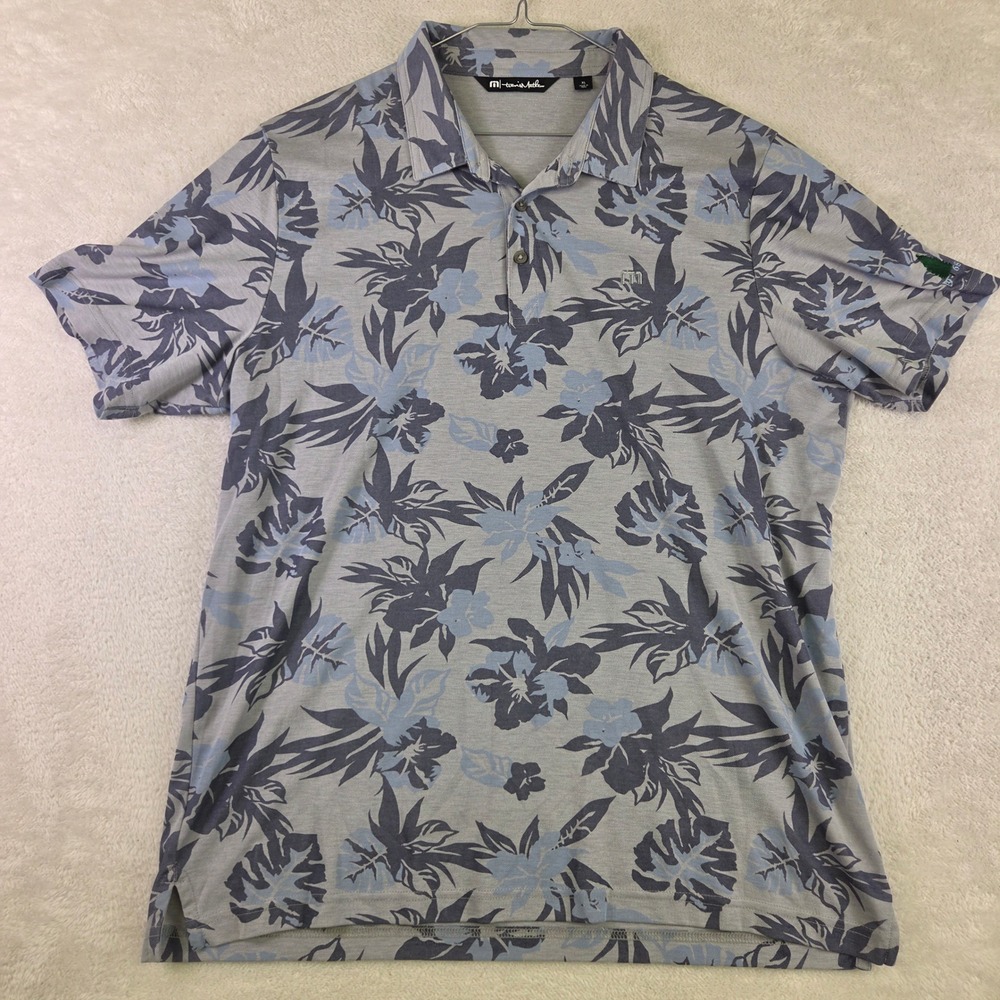 TravisMathew Mens XL Blue Grey Floral Monstera Print Short Sleeve Golf Polo 3681